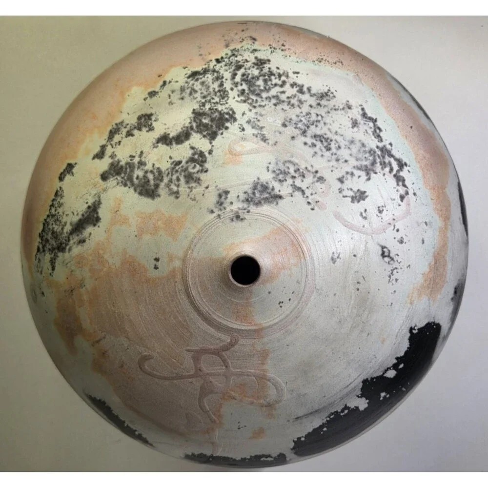 Ceramic Sphere Art Pottery Orb Signed Raku Round Sculpture Fire Pit Abstract